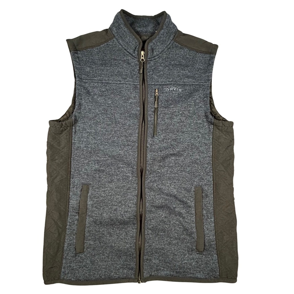ORVIS Fleece Vest Mens Size L Blue Heathered Knit‎ Quilted Panels Zip Up